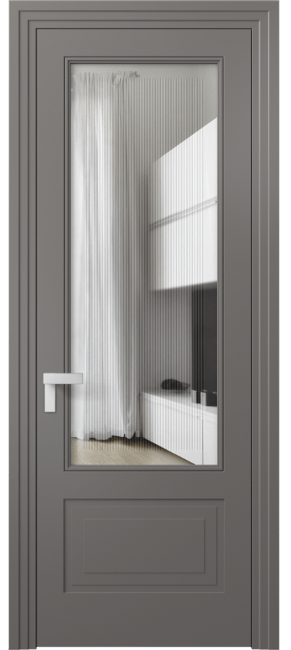 Межкомнатная дверь Rocca 8342 Матовый классический серый Прозрачное стекло с гравировкой "Каннелюры", триплекс Цена 78519 ₽ | Volhovec