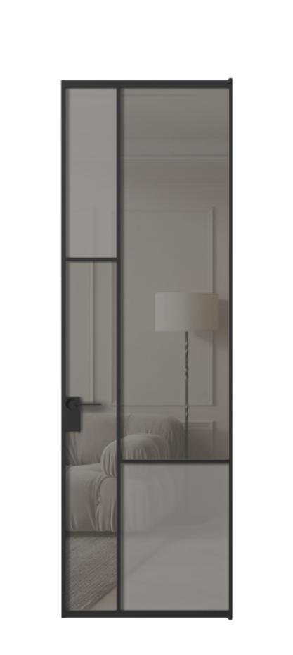 Межкомнатная дверь Mosaic АЛПЛ041.13 Алюминий Черный Сатинированное серое стекло, триплекс, 6 мм + Прозрачное серое стекло, триплекс Цена 154290 ₽ | Volhovec