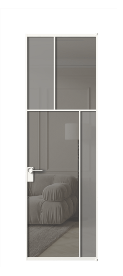 Межкомнатная дверь Mosaic АЛПЛ041.23 Алюминий Белый Сатинированное серое стекло, триплекс, 6 мм + Прозрачное серое стекло, триплекс Цена 154290 ₽ | Volhovec