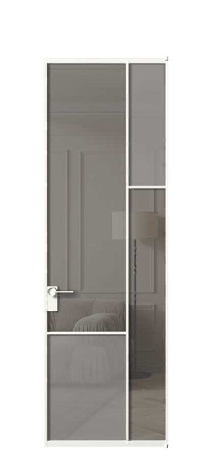 Межкомнатная дверь Mosaic АЛПЛ041.12 Алюминий Белый Сатинированное серое стекло, триплекс, 6 мм + Прозрачное серое стекло, триплекс Цена 154290 ₽ | Volhovec