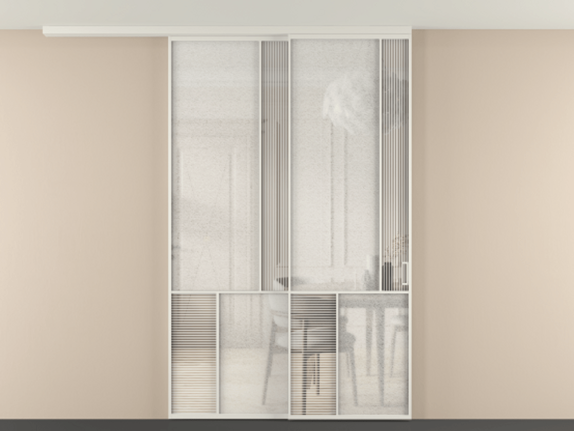 Перегородка Мозаик вдоль стены на потолок 2 створки с синхронным механизмом АЛПР 041.21 Алюминий Белый Рифлёное стекло "Дюна", триплекс, 6 мм + Фактурное стекло "Лёд", триплекс Цена 345520 ₽ | Volhovec