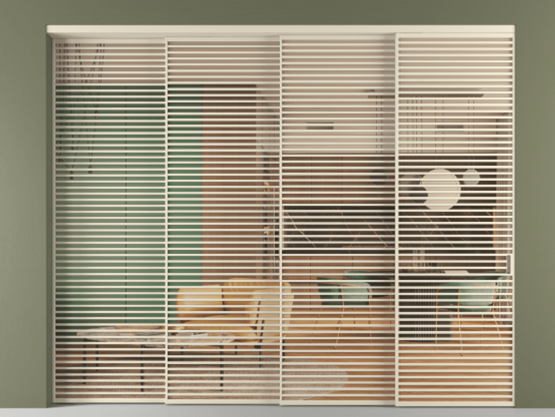 Перегородка Formato внутри проёма 4 створки с синхронным механизмом АЛПР 040.07 Алюминий бежево-серый Прозрачное оранжевое стекло, триплекс Цена 777320 ₽ | Volhovec