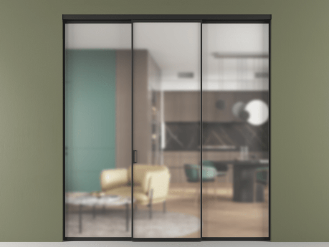 Перегородка Formato внутри проёма 3 створки АЛПР 040.01 Алюминий Черный Сатинированное стекло "Matelux Crystal Vision", калёное, матовое, каленое 6 мм Цена 290000 ₽ | Volhovec