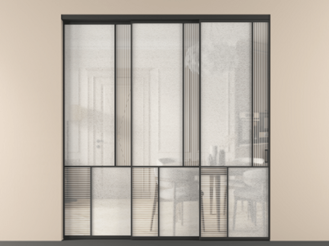 Перегородка Мозаик внутри проёма 3 створки с синхронным механизмом АЛПР 041.21 Алюминий Черный Рифлёное стекло "Дюна", триплекс, 6 мм + Фактурное стекло "Лёд", триплекс Цена 441070 ₽ | Volhovec