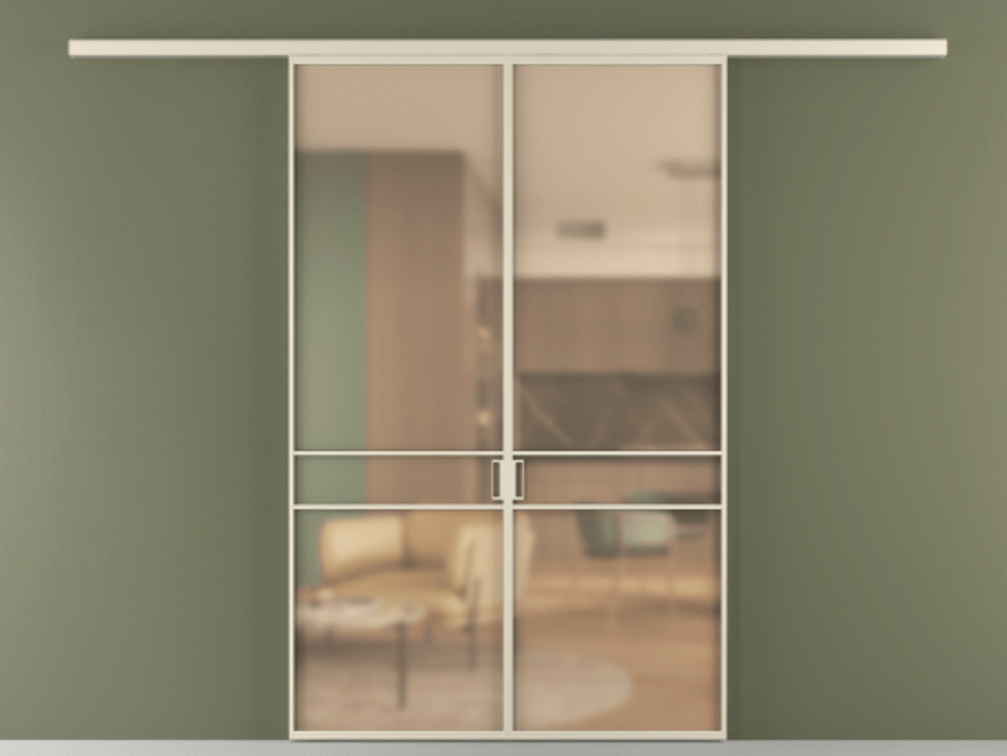 Перегородка Formato вдоль стены 2 створки АЛПР 040.02 Алюминий бежево-серый Сатинированное оранжевое стекло, триплекс Цена 202960 ₽ | Volhovec