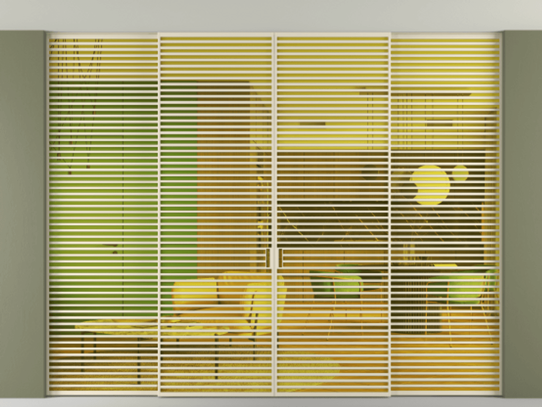 Перегородка Formato внутри проёма скрытое крепление в потолок 4 створки АЛПР 040.07 Алюминий бежево-серый Прозрачное жёлтое стекло, триплекс Цена 802012 ₽ | Volhovec