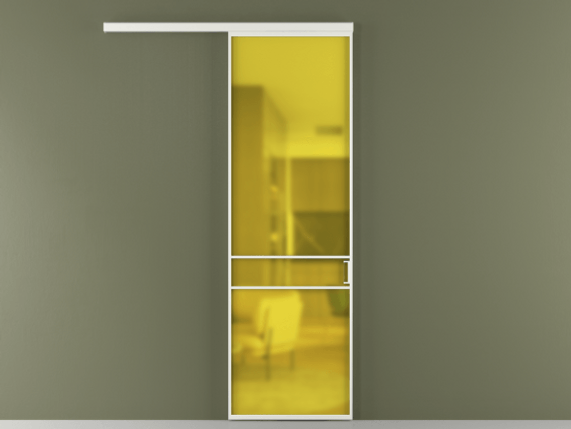 Перегородка Формато вдоль стены 1 створка АЛПР 040.02 Алюминий светло-серый Сатинированное жёлтое стекло, триплекс Цена 102325 ₽  | Volhovec