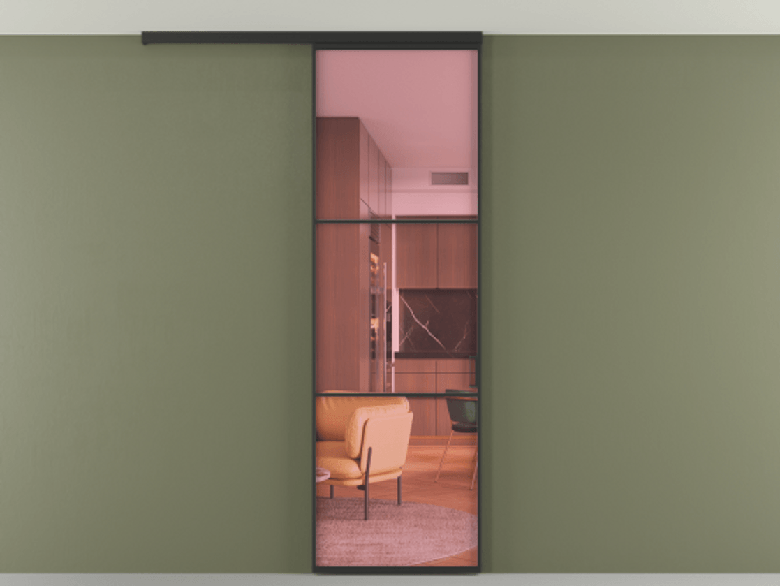 Перегородка Formato вдоль стены на потолок 1 створка АЛПР 040.03 Алюминий Черный Прозрачное розовое стекло, триплекс Цена 97120 ₽ | Volhovec