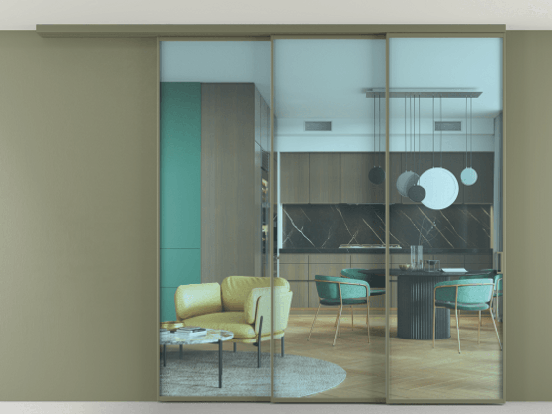 Перегородка Формато вдоль стены на потолок 3 створки с синхронным механизмом АЛПР 040.01 Алюминий оливковый тёмный Прозрачное голубое стекло, триплекс Цена 370608 ₽ | Volhovec