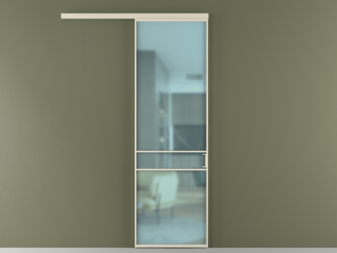 Перегородка Формато вдоль стены 1 створка АЛПР 040.02 Алюминий бежево-серый Сатинированное голубое стекло, триплекс Цена 102325 ₽  | Volhovec