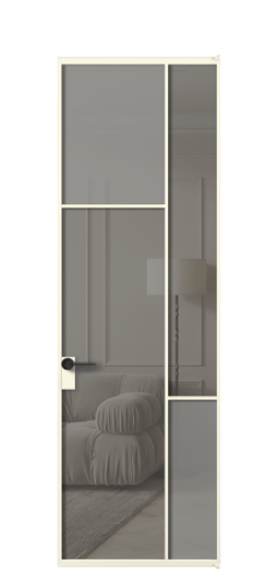 Дверь межкомнатная АЛПЛ041.10 АМБ Серый сатин матовое + Серый прозрачное. Цвет Алюминий молочно-белый. Материал Алюминий в эмали. Коллекция Mosaic. Картинка.