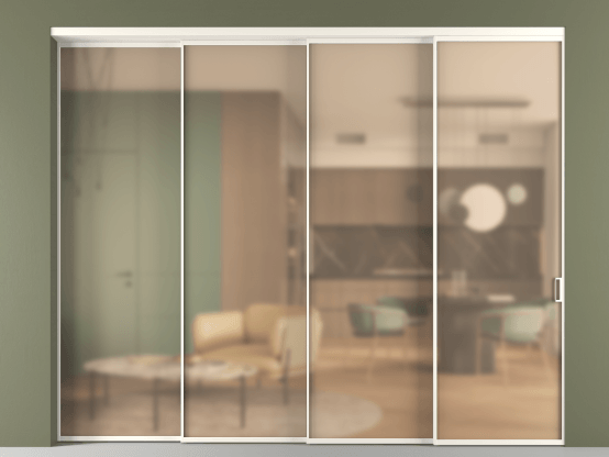 Алюминевая перегородка vn4_01_ Алюминий пудровый белый Сатинированное оранжевое стекло, триплекс, 6мм. Цвет Алюминий пудровый белый. Материал Алюминий в эмали. Коллекция Перегородка Формато внутри проёма 4 створки с синхронным механизмом. Картинка.