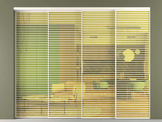 Алюминевая перегородка vn4_07_ Алюминий пудровый белый Прозрачное жёлтое стекло, триплекс, 6мм. Цвет Алюминий пудровый белый. Материал Алюминий в эмали. Коллекция Перегородка Formato внутри проёма 4 створки с синхронным механизмом. Картинка.