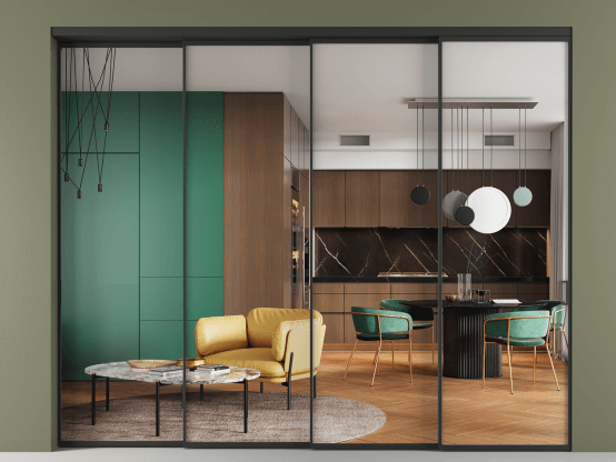 Алюминевая перегородка vn4_01 Crystalvision ЧЕР. Цвет Алюминий Черный. Материал Алюминий. Коллекция Перегородка Формато внутри проёма 4 створки с синхронным механизмом. Картинка.