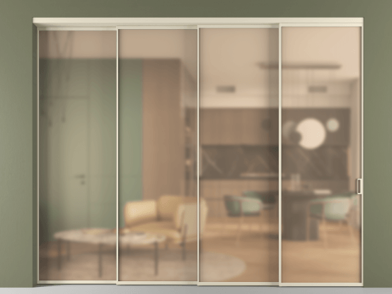 Алюминевая перегородка vn4_01_ Алюминий бежево-серый Сатинированное оранжевое стекло, триплекс, 6мм. Цвет Алюминий бежево-серый. Материал Алюминий в эмали. Коллекция Перегородка Формато внутри проёма 4 створки с синхронным механизмом. Картинка.