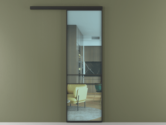 Алюминевая перегородка АЛПР 040.02_ЧРН_ПРОЗ ГОЛ_new. Цвет Алюминий Черный. Материал Алюминий. Коллекция Перегородка Formato вдоль стены 1 створка. Картинка.