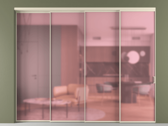 Алюминевая перегородка vn4_01_ Алюминий бежево-серый Сатинированное розовое стекло, триплекс, 6мм. Цвет Алюминий бежево-серый. Материал Алюминий в эмали. Коллекция Перегородка Формато внутри проёма 4 створки с синхронным механизмом. Картинка.