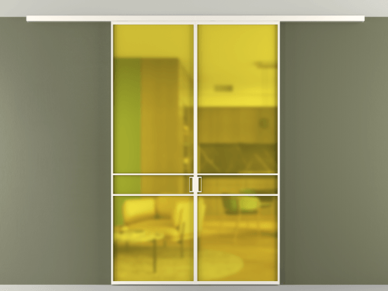 Алюминевая перегородка vd2_02 Алюминий пудровый белый Сатинированное жёлтое стекло, триплекс, 6мм. Цвет Алюминий пудровый белый. Материал Алюминий в эмали. Коллекция Перегородка Formato вдоль стены на потолок 2 створки. Картинка.