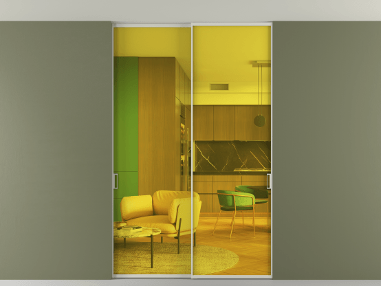 Алюминевая перегородка vn2_01 Алюминий тёплый серый Прозрачное жёлтое стекло, триплекс, 6мм. Цвет Алюминий тёплый серый. Материал Алюминий в эмали. Коллекция Перегородка Formato внутри проёма скрытое крепление в потолок 2 створки. Картинка.