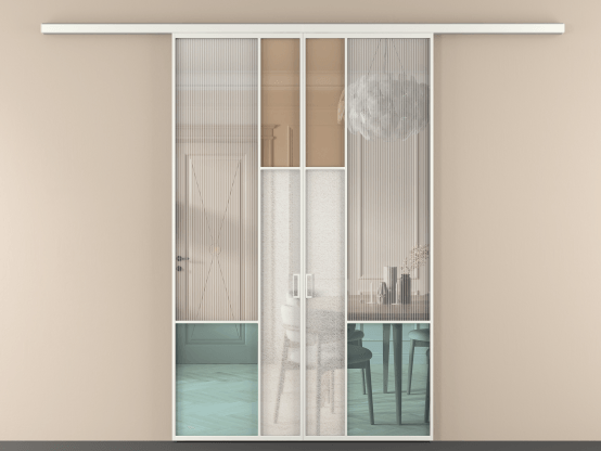 Алюминевая перегородка vd2_8 Алюминий светло-серый Четыре стекла. Цвет Алюминий светло-серый. Материал Алюминий в эмали. Коллекция Перегородка Mosaic вдоль стены 2 створки. Картинка.