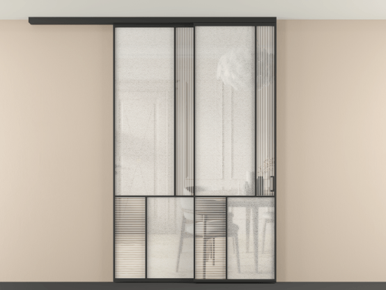 Алюминевая перегородка vdt2_1 ЧЕР. Цвет Алюминий Черный. Материал Алюминий. Коллекция Перегородка Мозаик вдоль стены на потолок 2 створки с синхронным механизмом. Картинка.