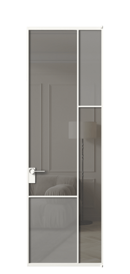 Дверь межкомнатная АЛПЛ041.12 БЕЛ Серый сатин матовое + Серый прозрачное. Цвет Алюминий Белый. Материал Алюминий. Коллекция Mosaic. Картинка.