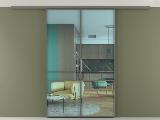 Алюминевая перегородка АЛПР 040.02_АКЛС_ПРОЗ ГОЛ_new. Цвет Алюминий классический серый. Материал Алюминий в эмали. Коллекция Перегородка Формато вдоль стены на потолок 2 створки. Картинка.