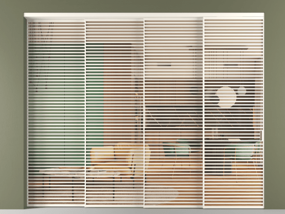 Алюминевая перегородка vn4_07_ Алюминий пудровый белый Прозрачное оранжевое стекло, триплекс, 6мм. Цвет Алюминий пудровый белый. Материал Алюминий в эмали. Коллекция Перегородка Formato внутри проёма 4 створки с синхронным механизмом. Картинка.