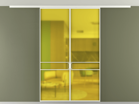 Алюминевая перегородка vd2_02 Алюминий светло-серый Сатинированное жёлтое стекло, триплекс, 6мм. Цвет Алюминий светло-серый. Материал Алюминий в эмали. Коллекция Перегородка Formato вдоль стены на потолок 2 створки. Картинка.